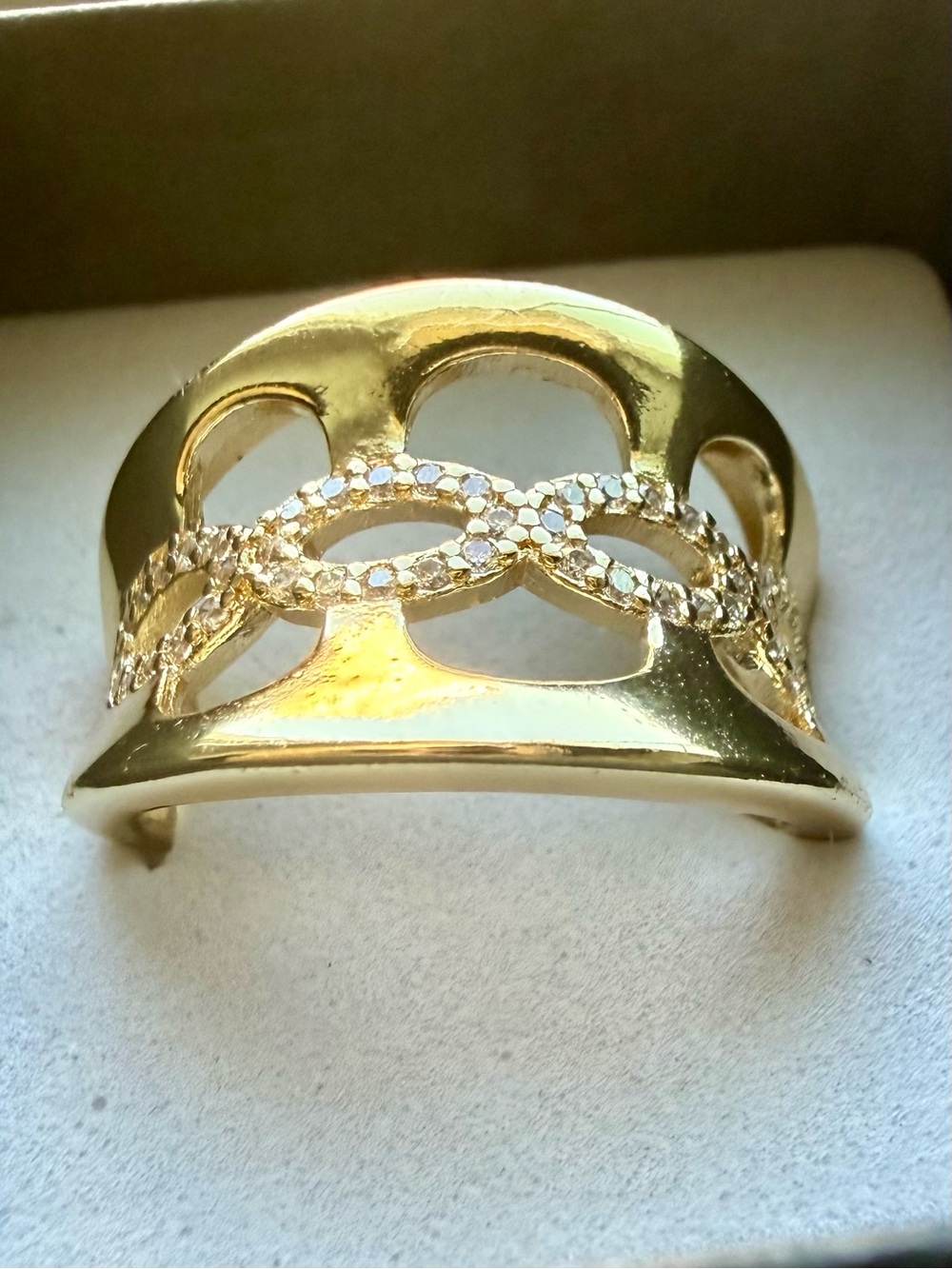 NEW! 18k Yellow Gold Plated Openwork Link CZ Accent Wide Band Ring